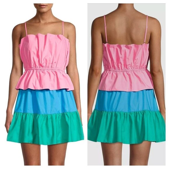 NEW Milly Nina Tiered Colorblock Mini Dress Ruffle Poplin Pink Blue Women's S - Picture 2 of 13